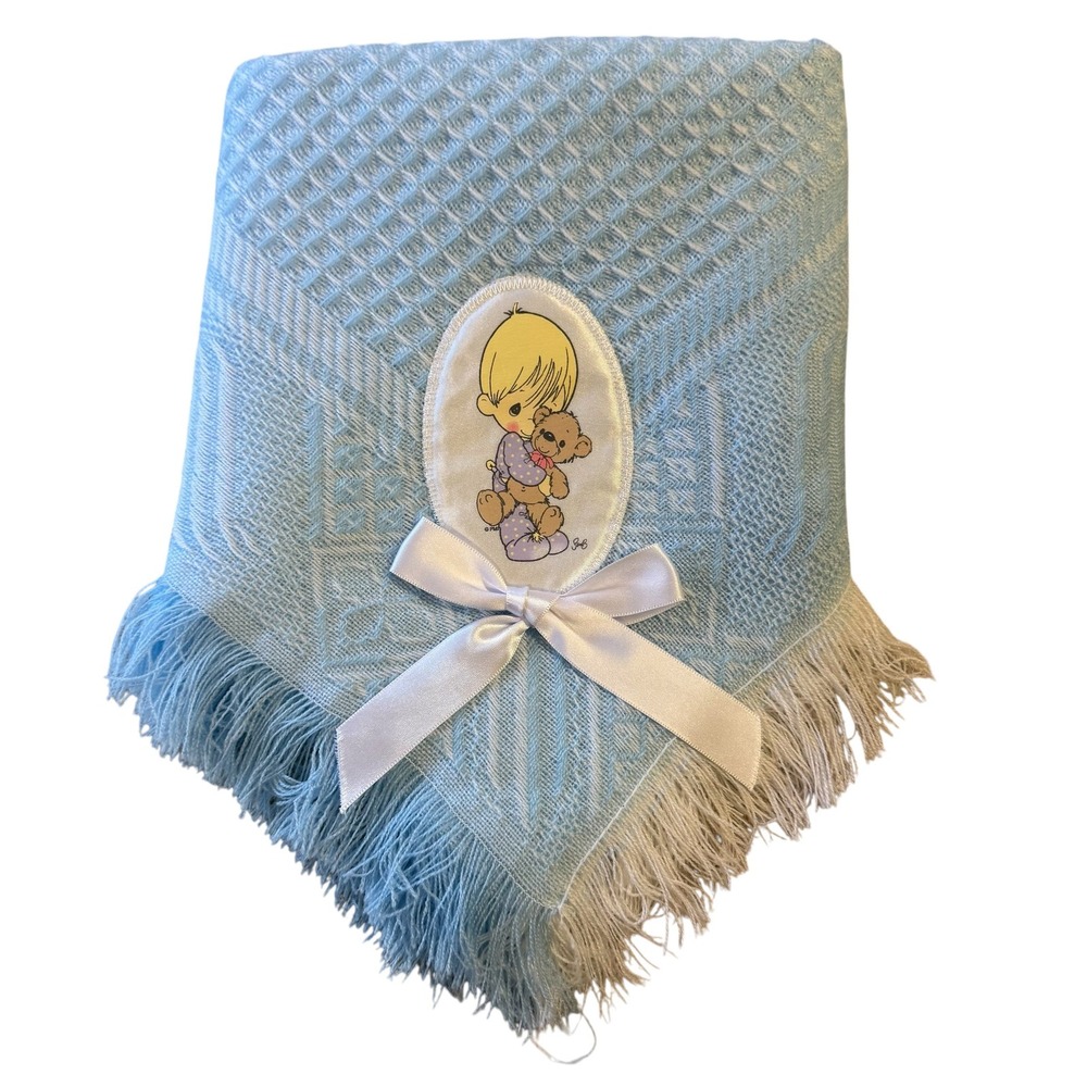 Vintage 1999 Precious Moments Blue Waffle Knit Baby Blanket Fringe Teddy Bear